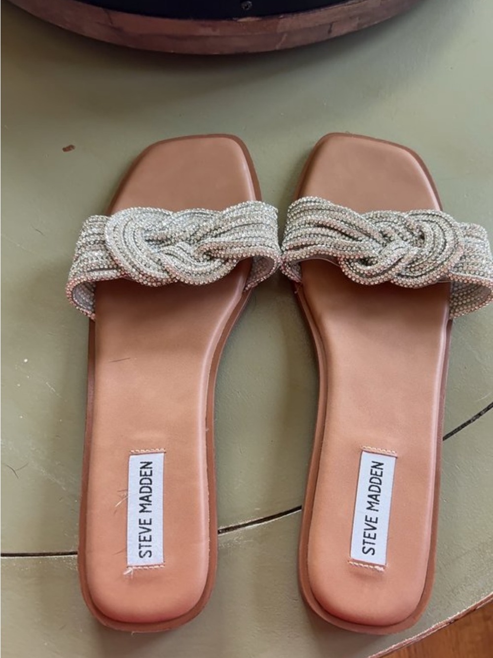 Steve Madden Tan Slide Sandals with Silver Beaded Braided Straps
